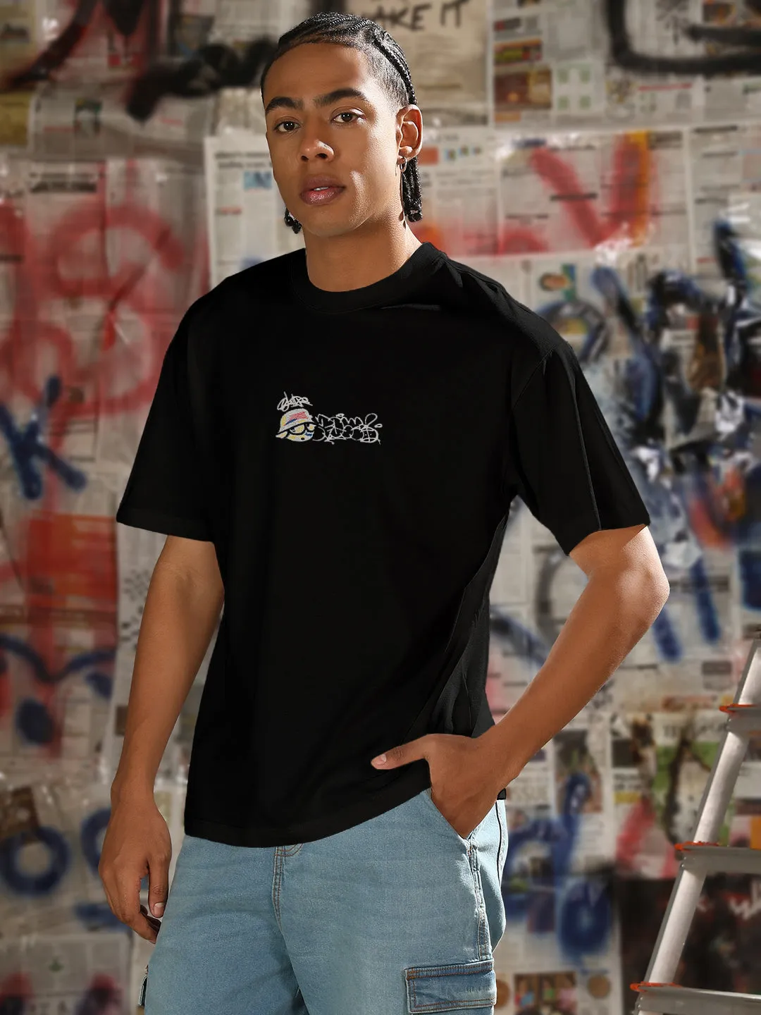 Men's Printed Black Regular Fit T-Shirt Winter Style