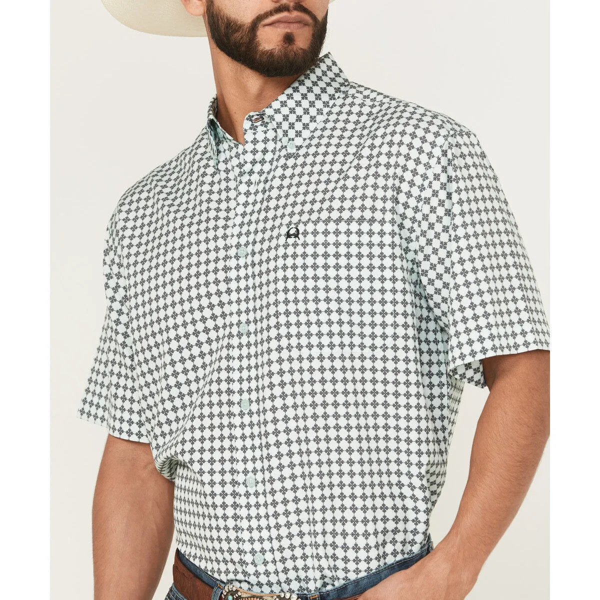 Pilling Resistant Finish SustainableManufacturing Cinch Men's S/S Arenaflex Geometric Print Western Button Down Shirt in Light Blue