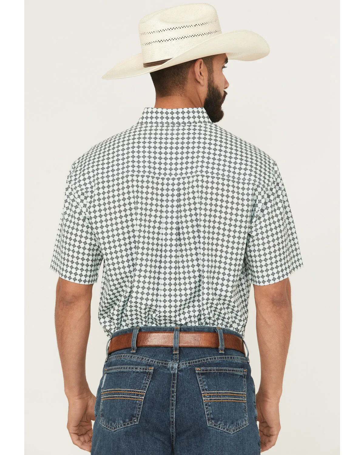 Daily Style VintageWashEffect Cinch Men's S/S Arenaflex Geometric Print Western Button Down Shirt in Light Blue