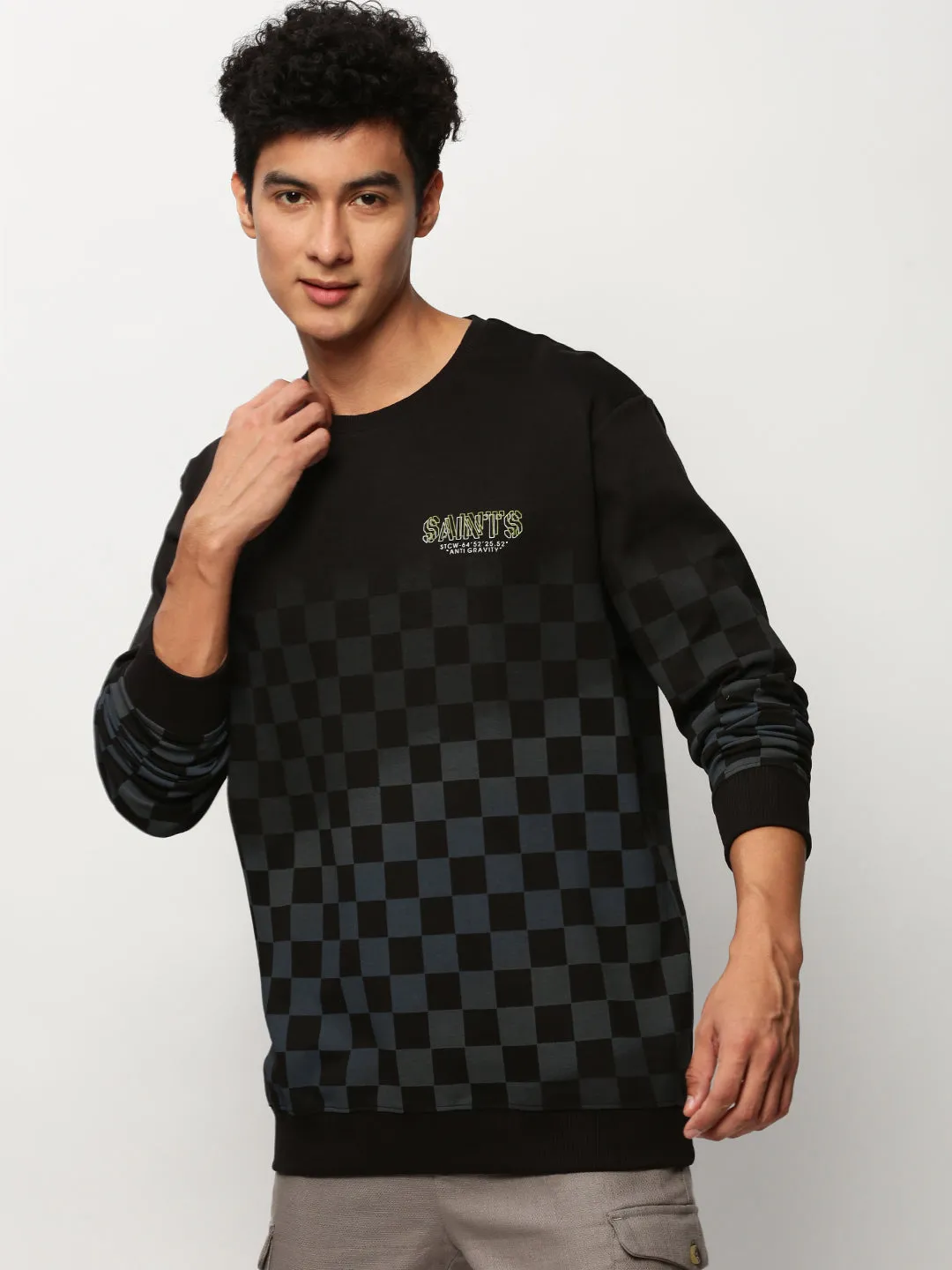 Urban Sporty Holiday Wear Men's Black Checked Round Neck Cotton Sweatshirt