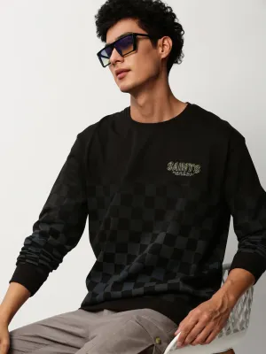 Comfortable Layer product neon energy Men's Black Checked Round Neck Cotton Sweatshirt