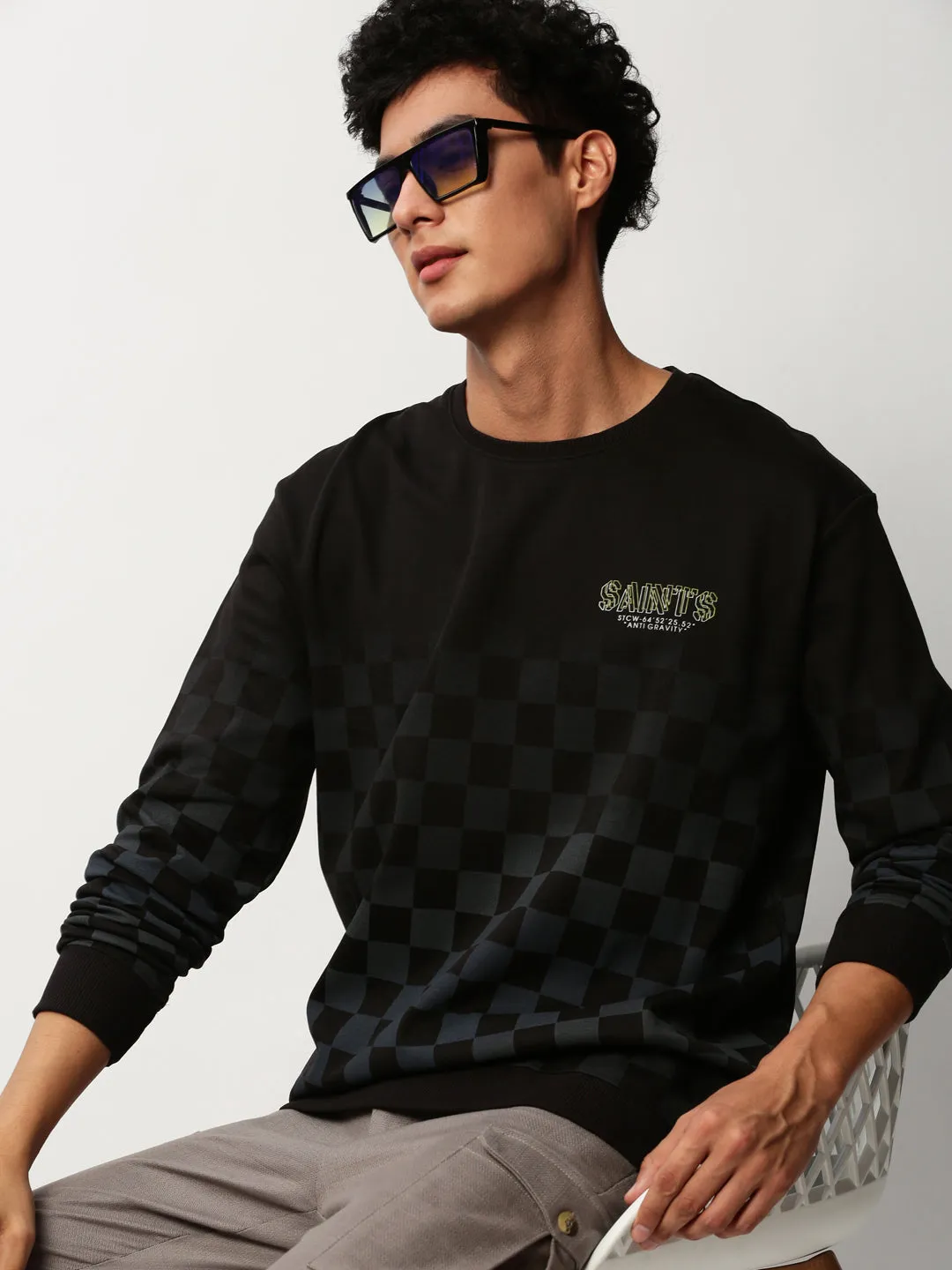 Comfortable Layer product neon energy Men's Black Checked Round Neck Cotton Sweatshirt