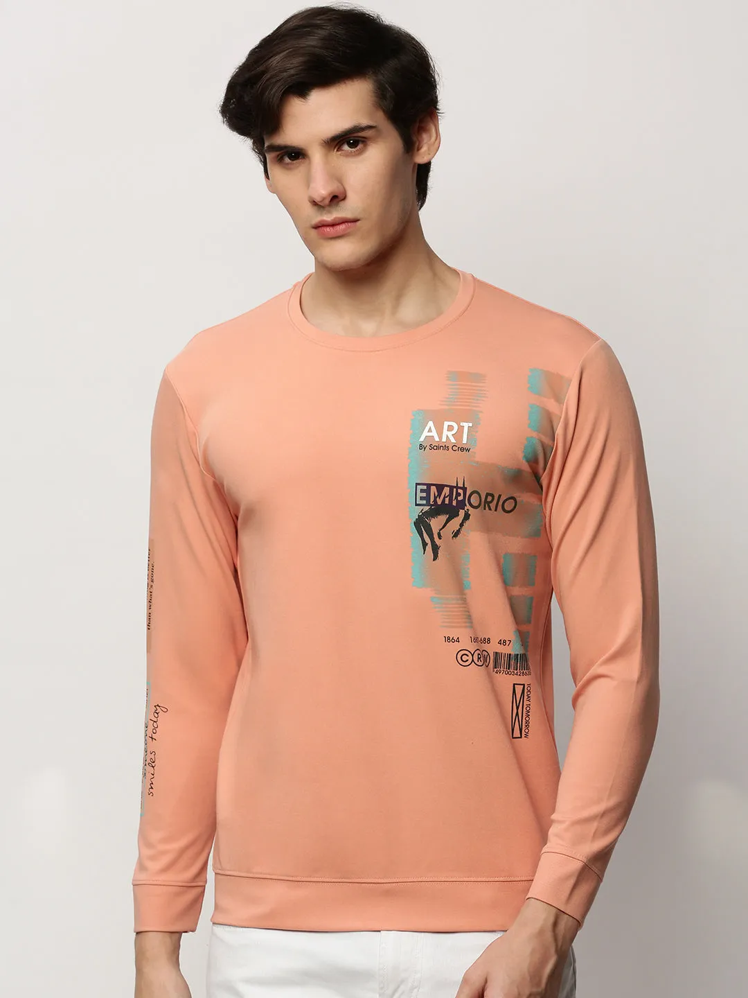 Men's Peach Typography Printed Cotton Sweatshirt stain resistant coating