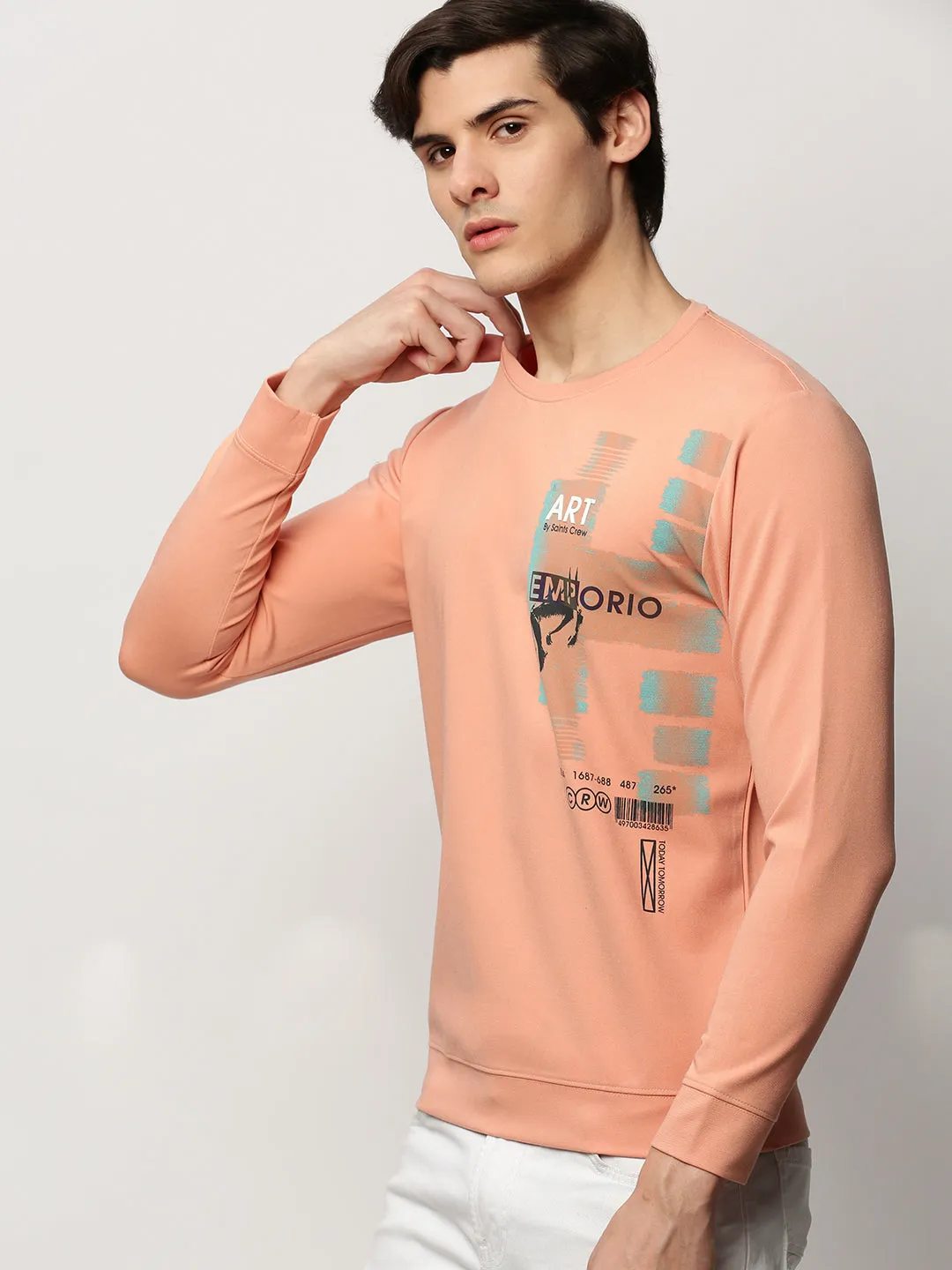 good for holidays Men's Peach Typography Printed Cotton Sweatshirt