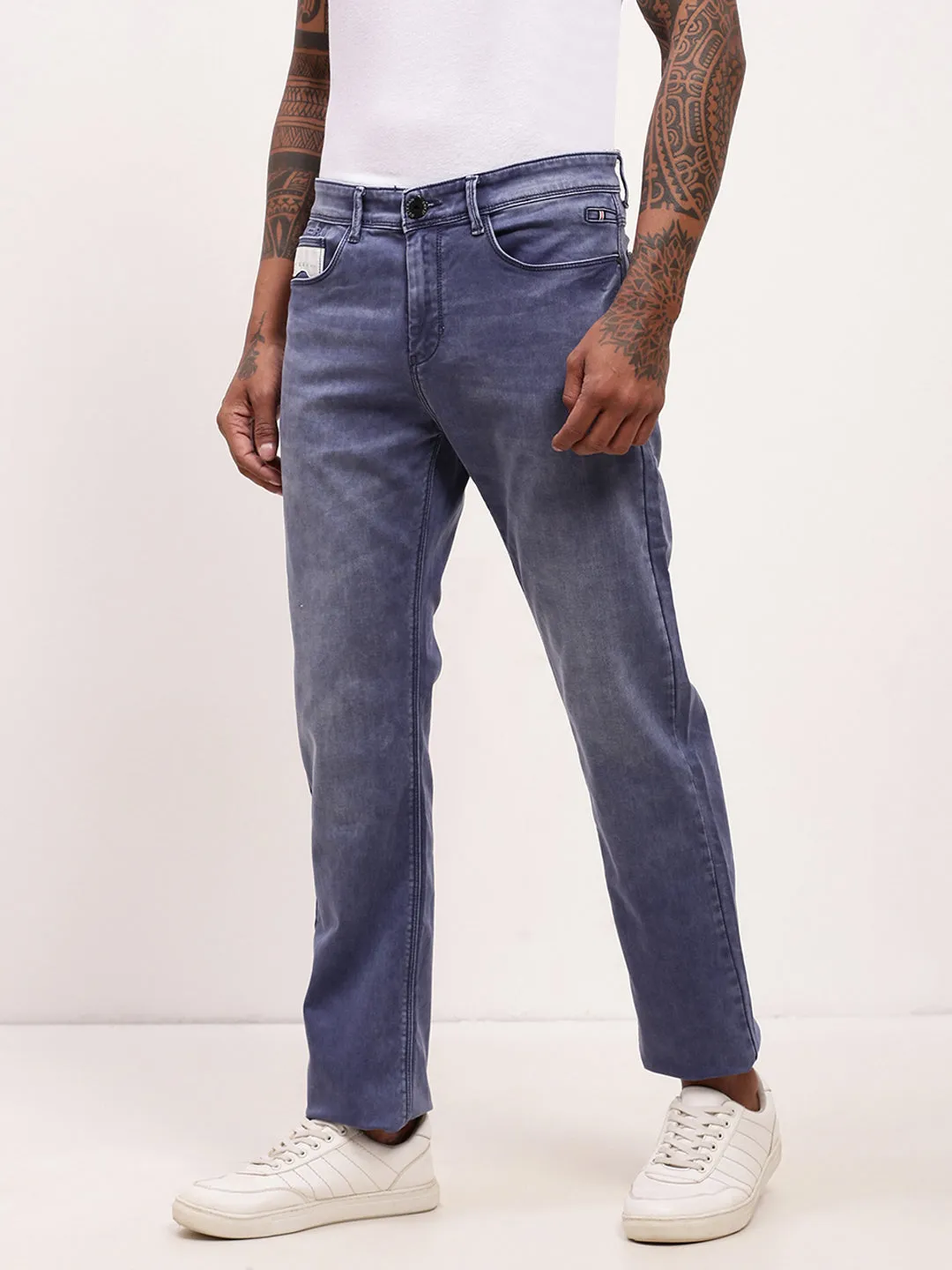 Tailored Cut Men's Blue Comfort Solid Straight Fit Jeans