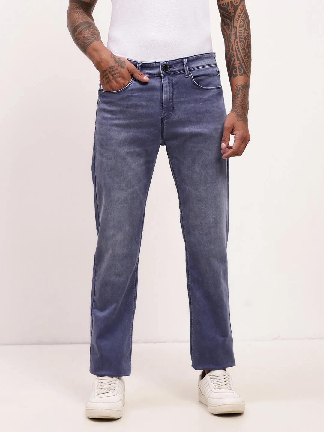 Men's Blue Comfort Solid Straight Fit Jeans Riveted Stress Points