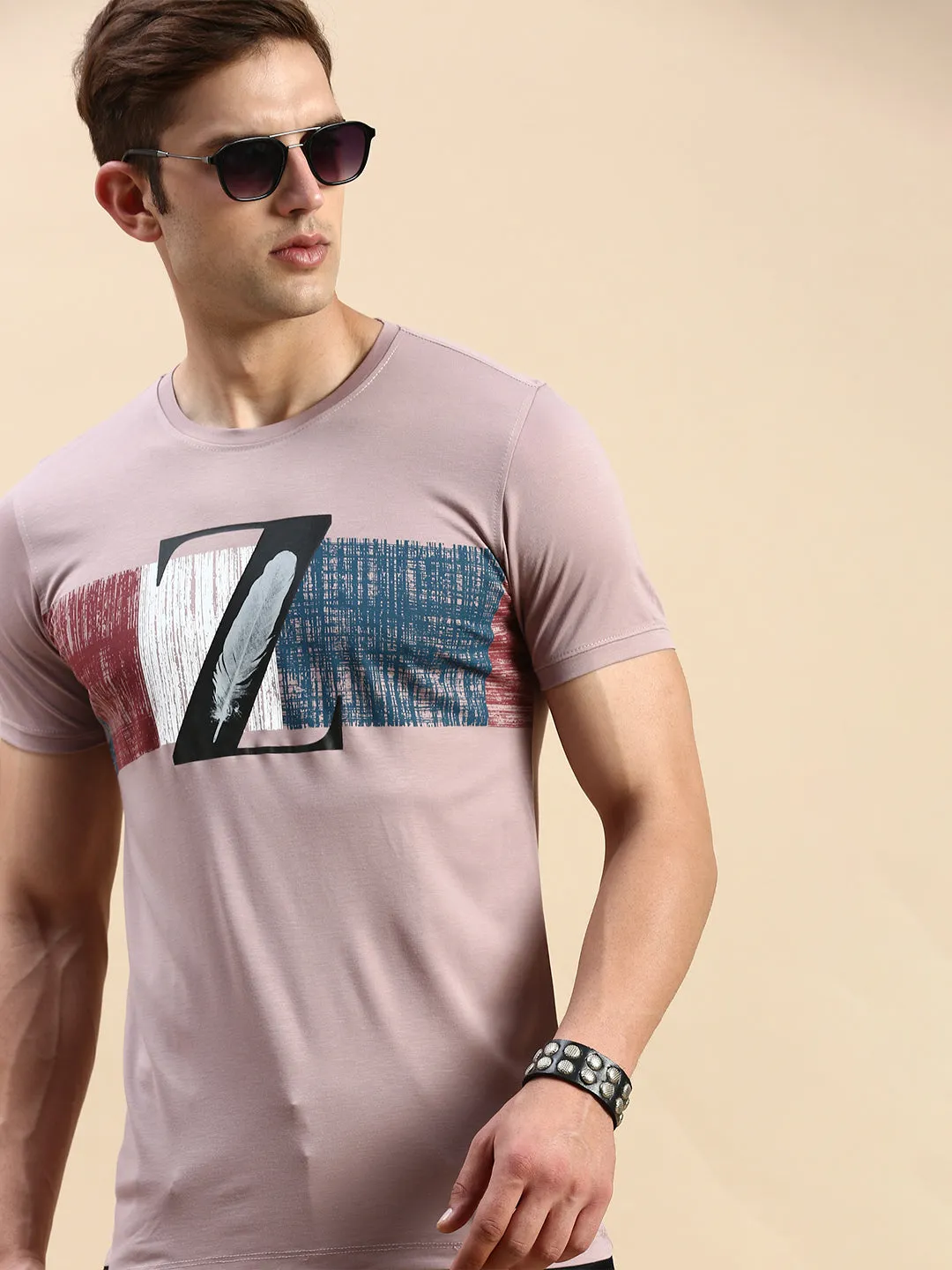 Men's Mauve Typography Printed Slim Fit T-shirt Comfy Outfit