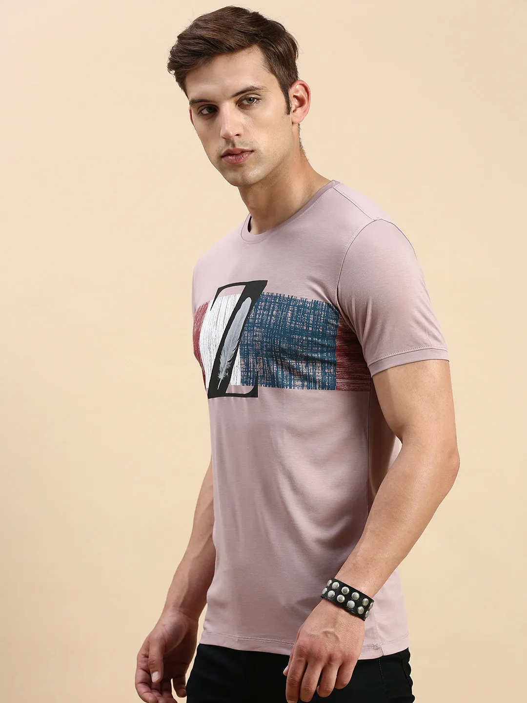 Cozy Mood Urban Style Men's Mauve Typography Printed Slim Fit T-shirt