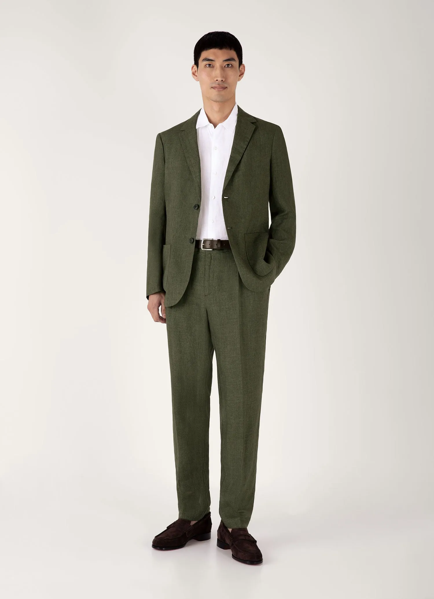 FourWayStretch No Gap Waist Men's Pleated Linen Trouser in Hunter Green