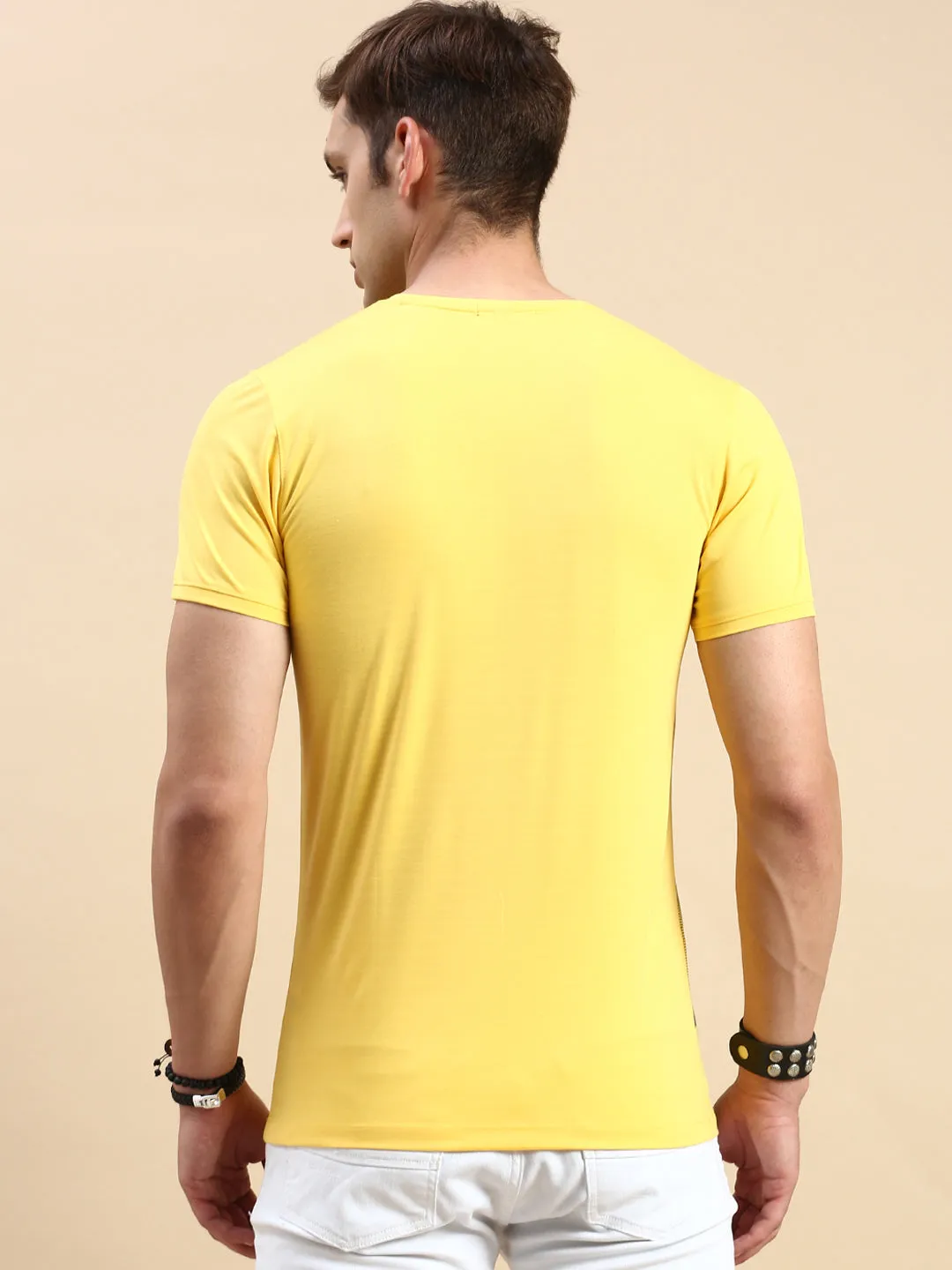 Men's Yellow Typography Printed Slim Fit T-shirt anti shrinking