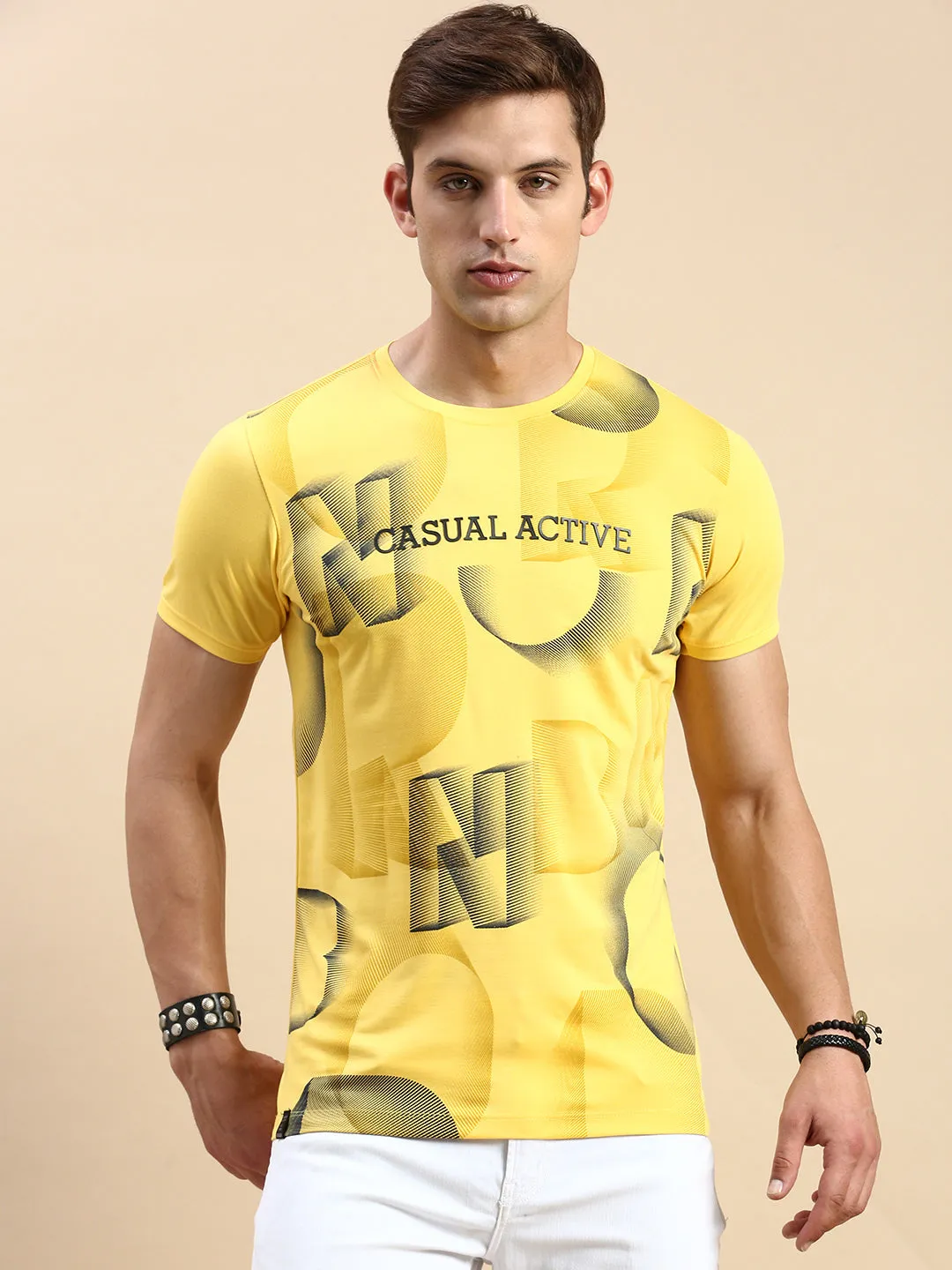 Men's Yellow Typography Printed Slim Fit T-shirt product checkered classicism product hat style statement