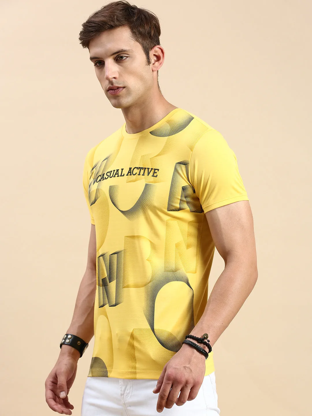 Men's Yellow Typography Printed Slim Fit T-shirt Stain-Resistant