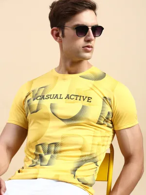 Men's Yellow Typography Printed Slim Fit T-shirt right for outdoor activities