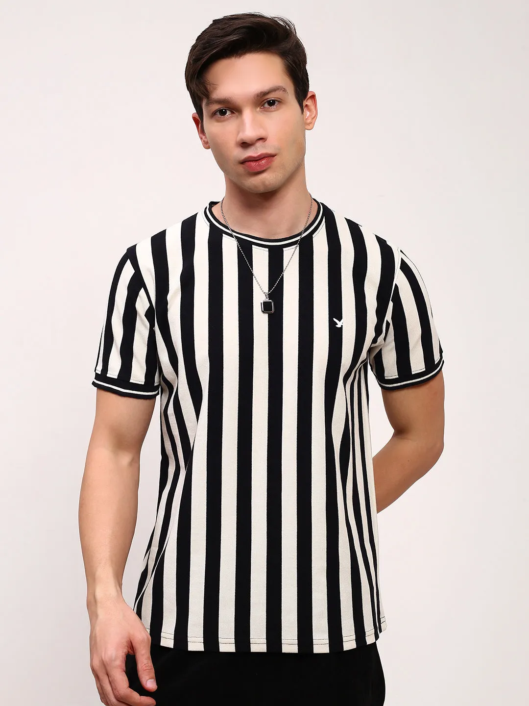 Removable Printed Men's Black Striped Round Neck T-Shirt