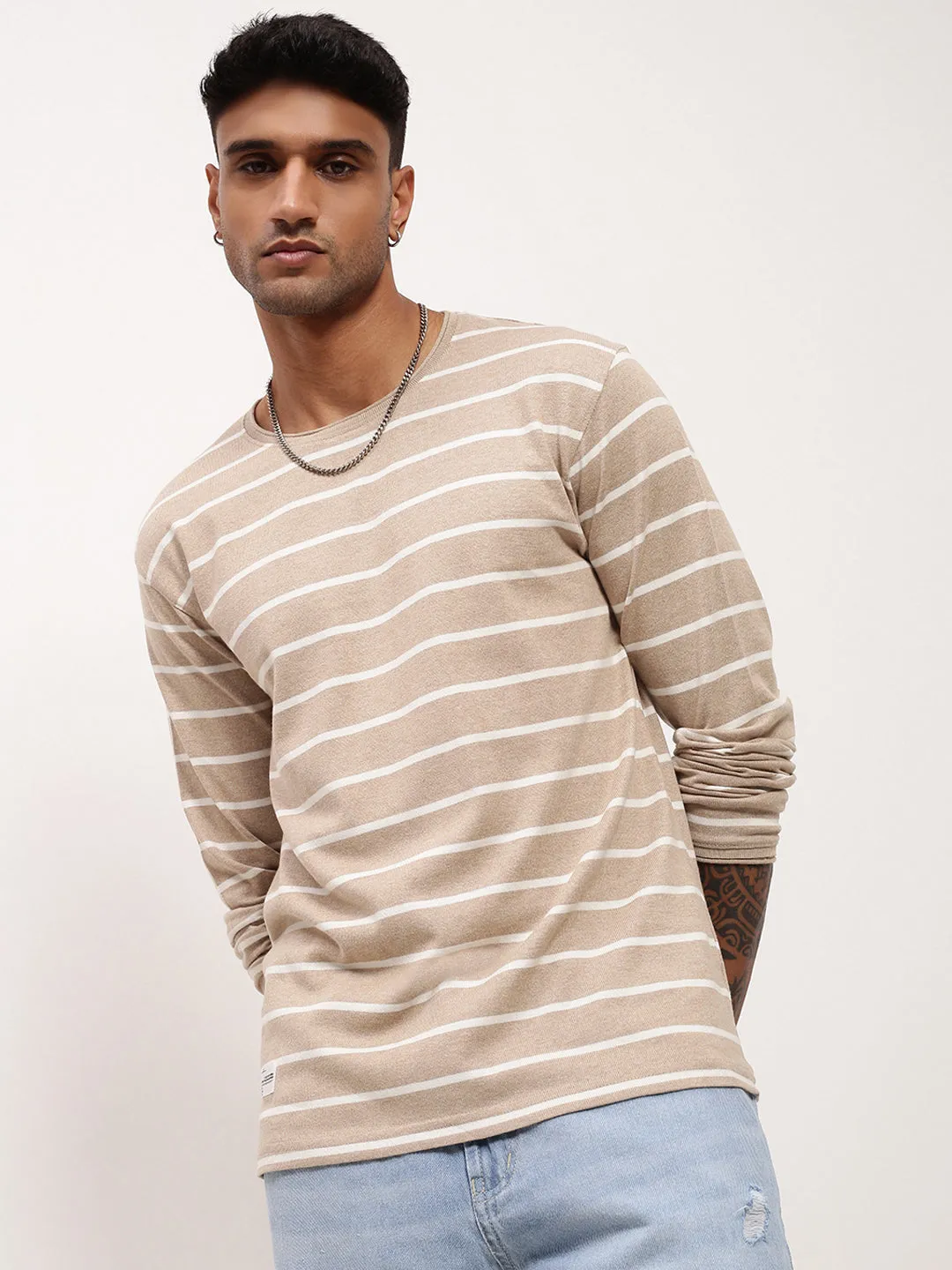 Street Apparel Everyday Hoodie Men's Beige Striped Round Neck T-Shirt