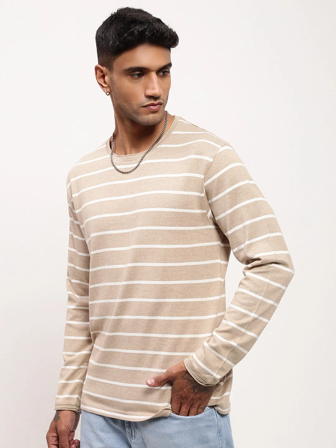 Everyday Hoodie Bright Hue Men's Beige Striped Round Neck T-Shirt