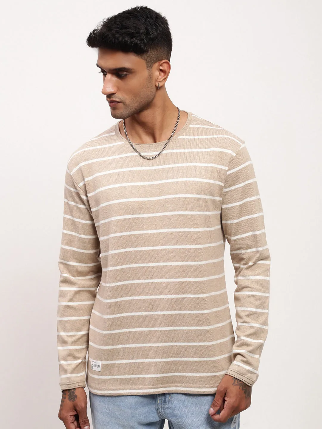 Men's Beige Striped Round Neck T-Shirt Trendy Colors goes with jeans