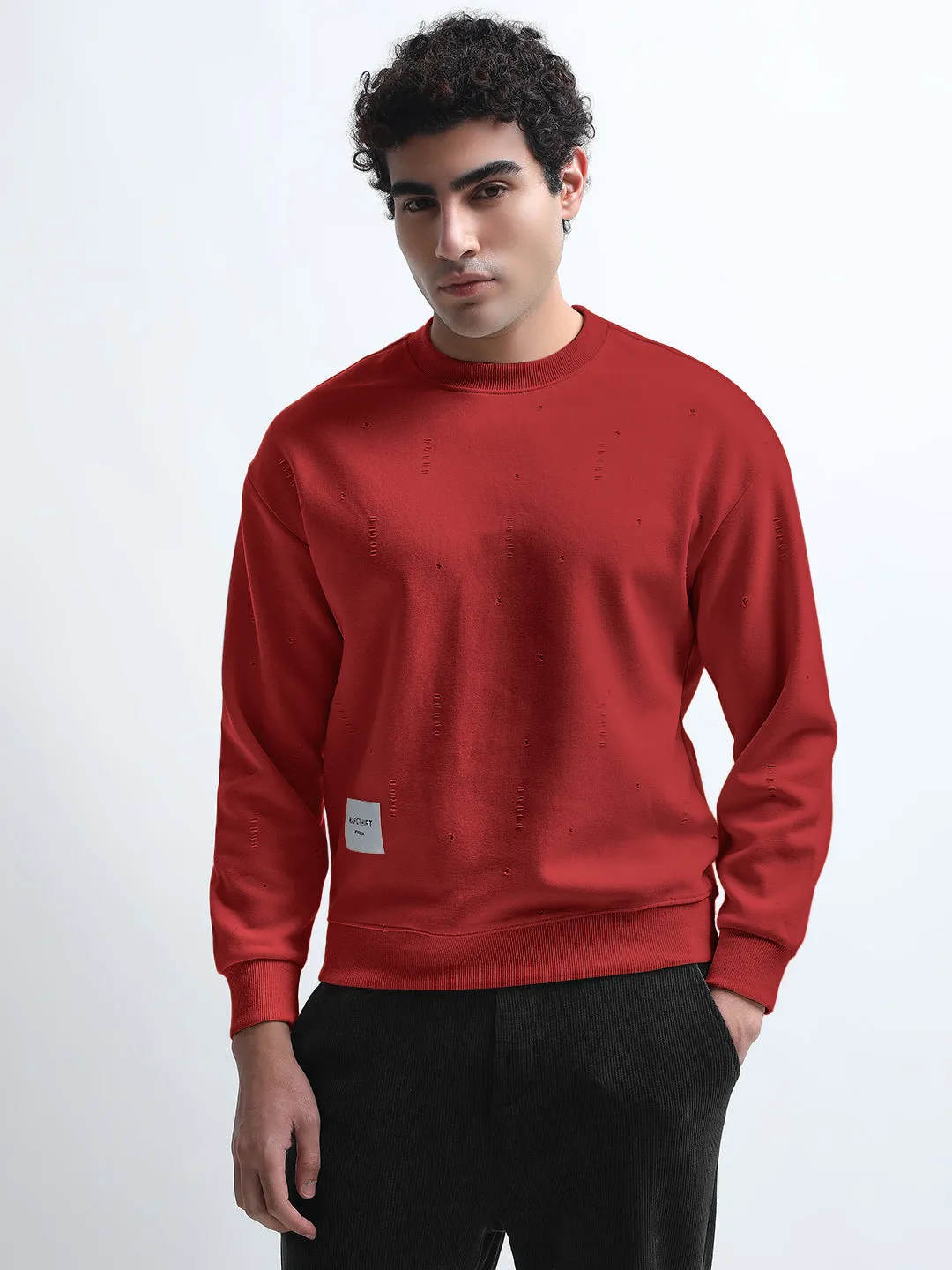 Men's Maroon Round Neck Ribbed Sweatshirt with Torned effect product brooch style
