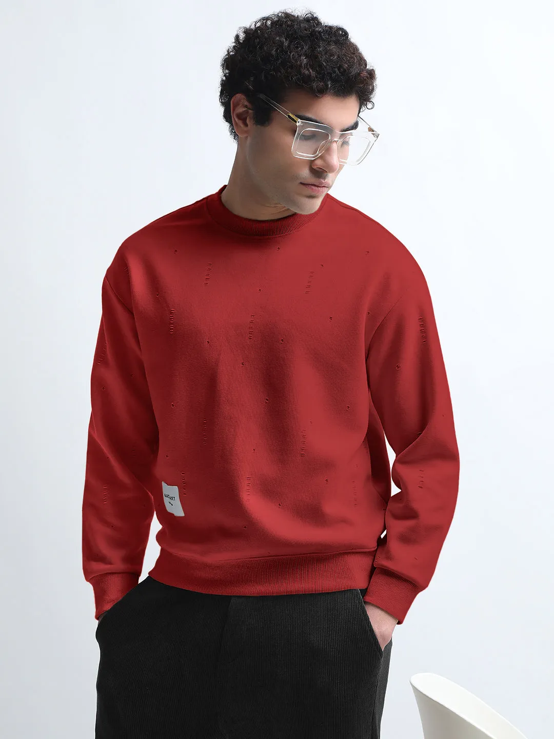 Graduation wear Men's Maroon Round Neck Ribbed Sweatshirt with Torned effect