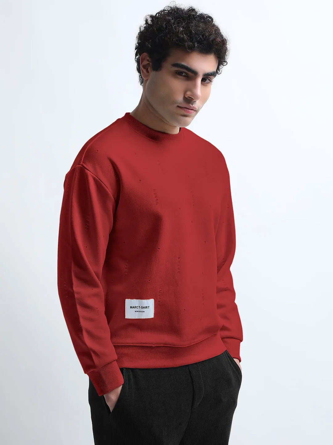 Men's Maroon Round Neck Ribbed Sweatshirt with Torned effect product weekend wearability Gift worthy