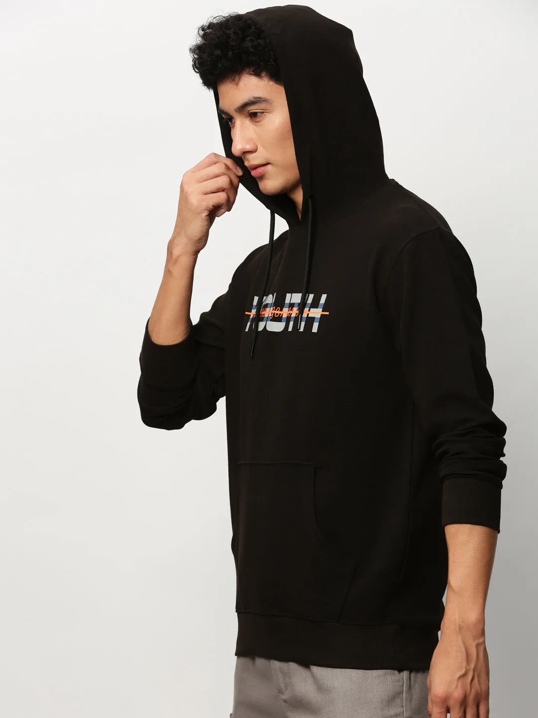 Odor Free City Casual Men's Black Typography Printed Cotton Hooded Pullover
