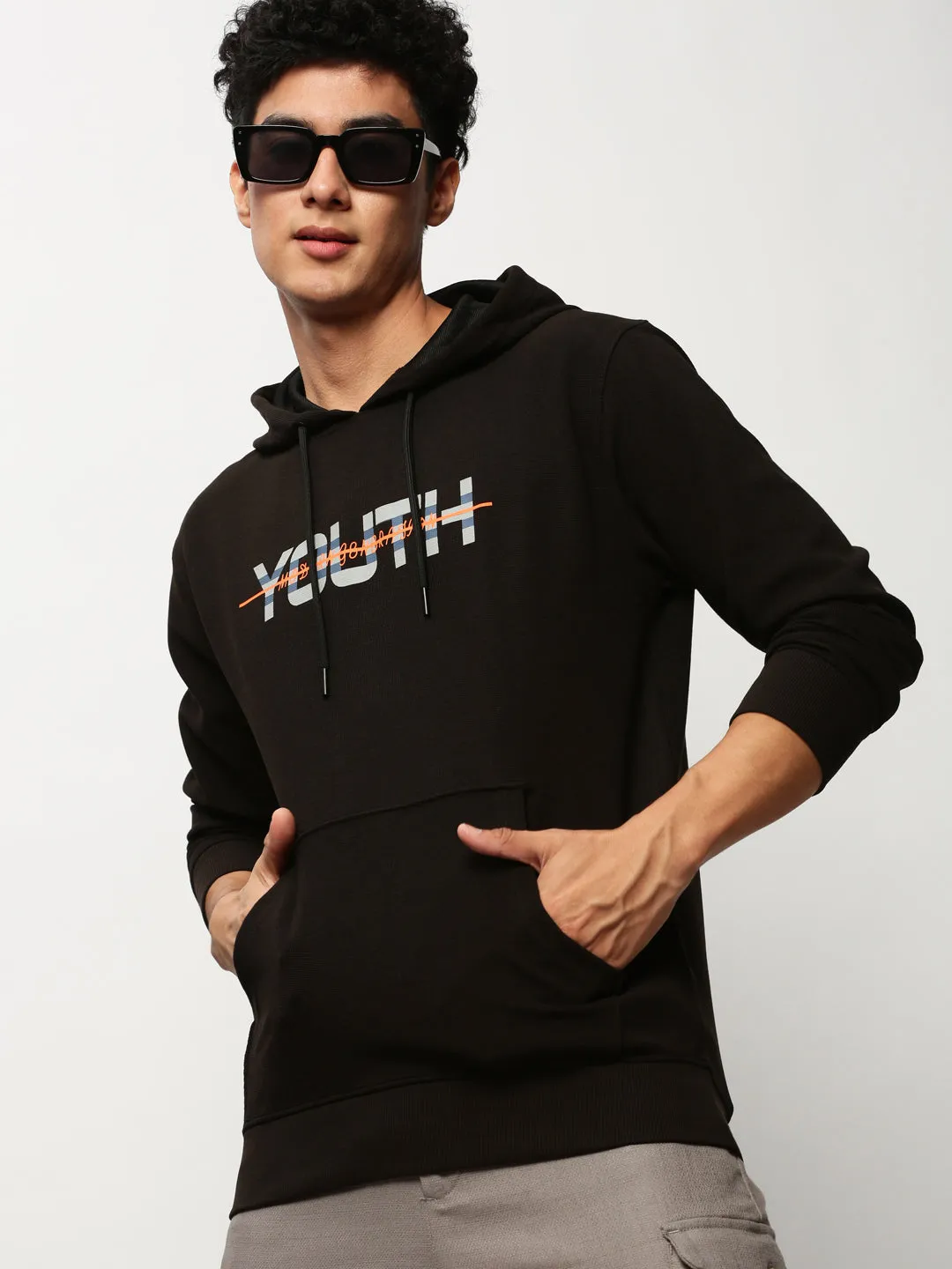 slim fit Men's Black Typography Printed Cotton Hooded Pullover
