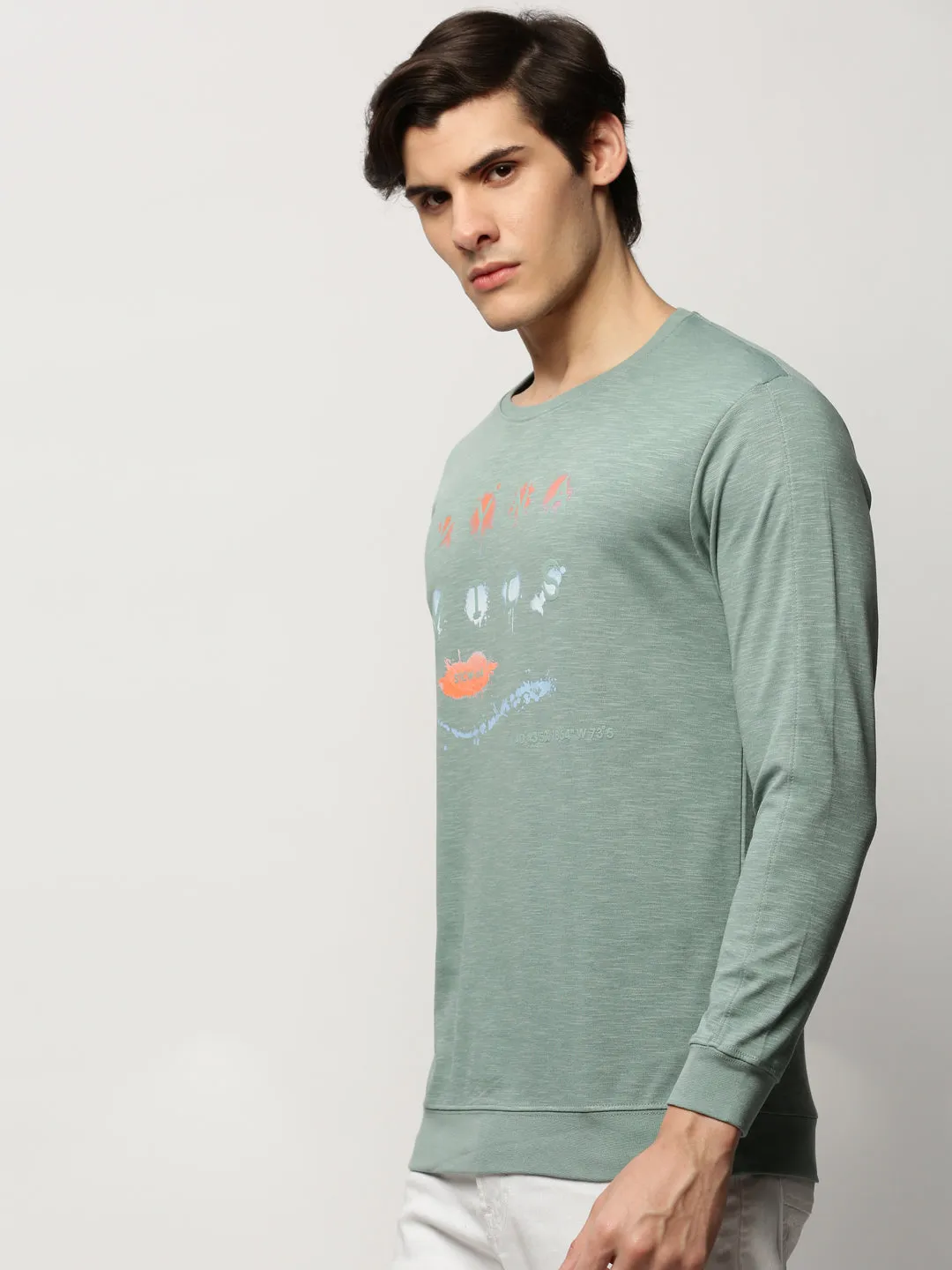 Men's Sea Green Printed Round Neck Cotton Sweatshirt Layer Sporty