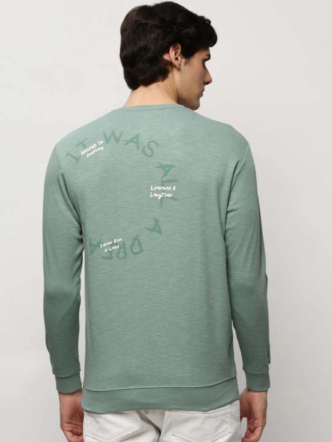 Men's Sea Green Printed Round Neck Cotton Sweatshirt Urban Edge