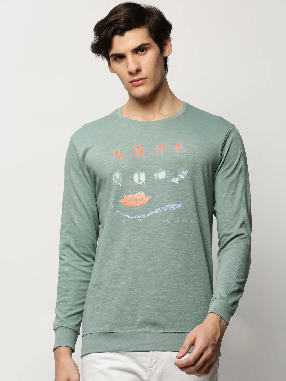 Men's Sea Green Printed Round Neck Cotton Sweatshirt Cozy clothing