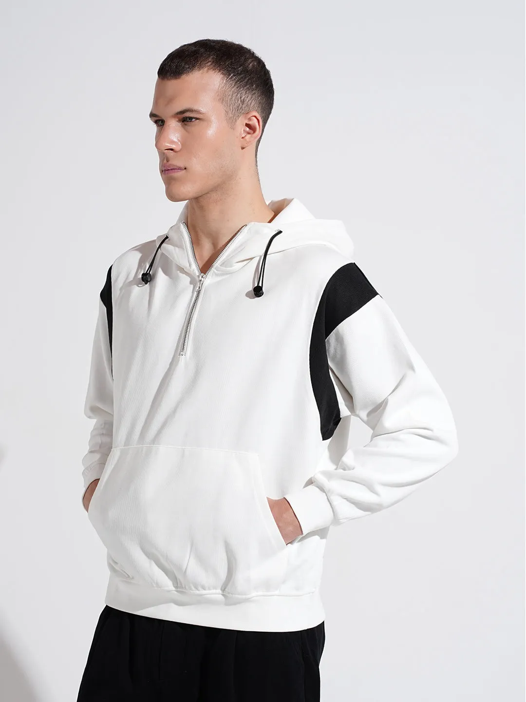 Men's Colourblocked White Ribbed Regular Fit Hoodie with Zip Relaxed Apparel