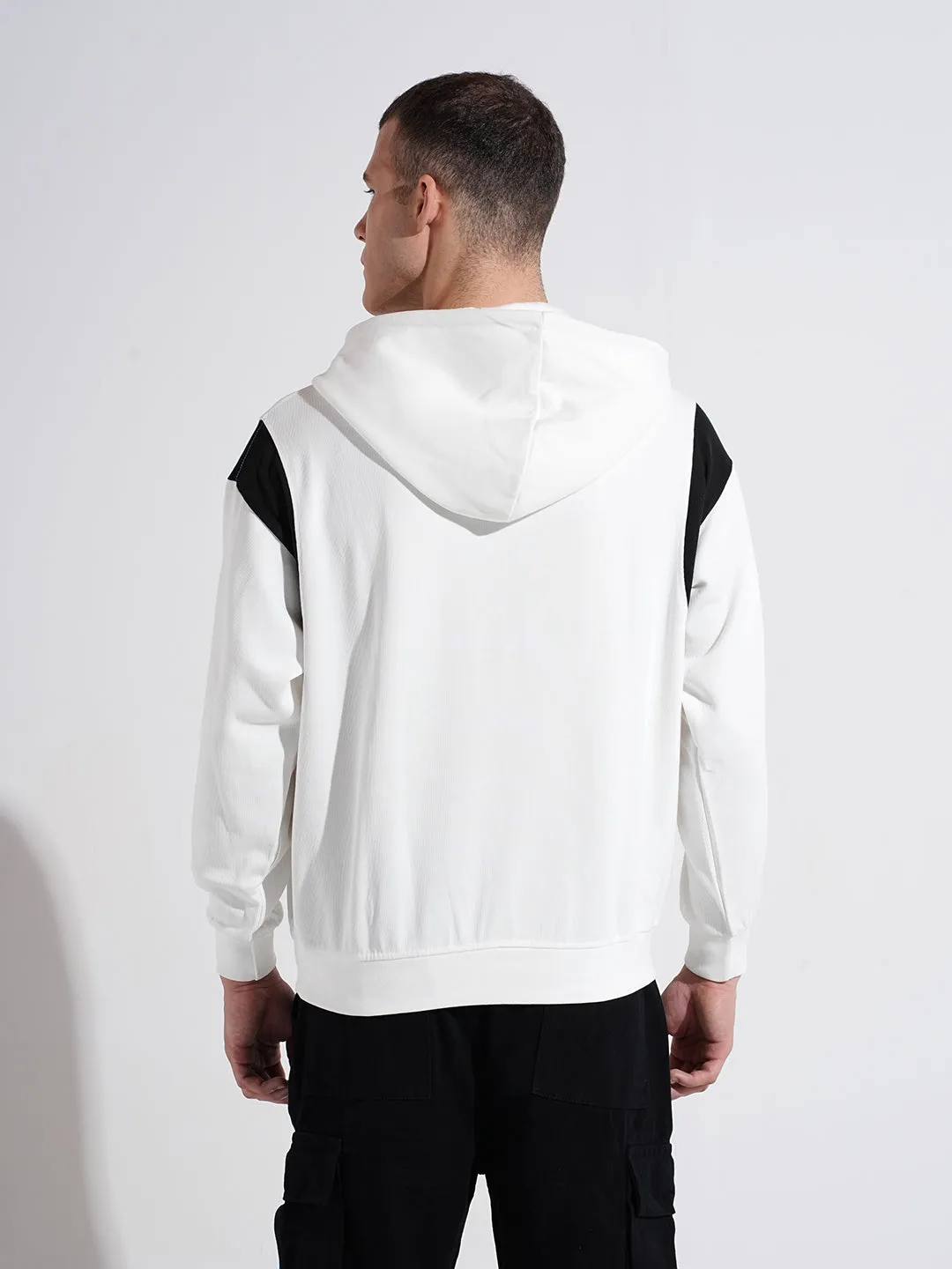 Durable Fabric Men's Colourblocked White Ribbed Regular Fit Hoodie with Zip