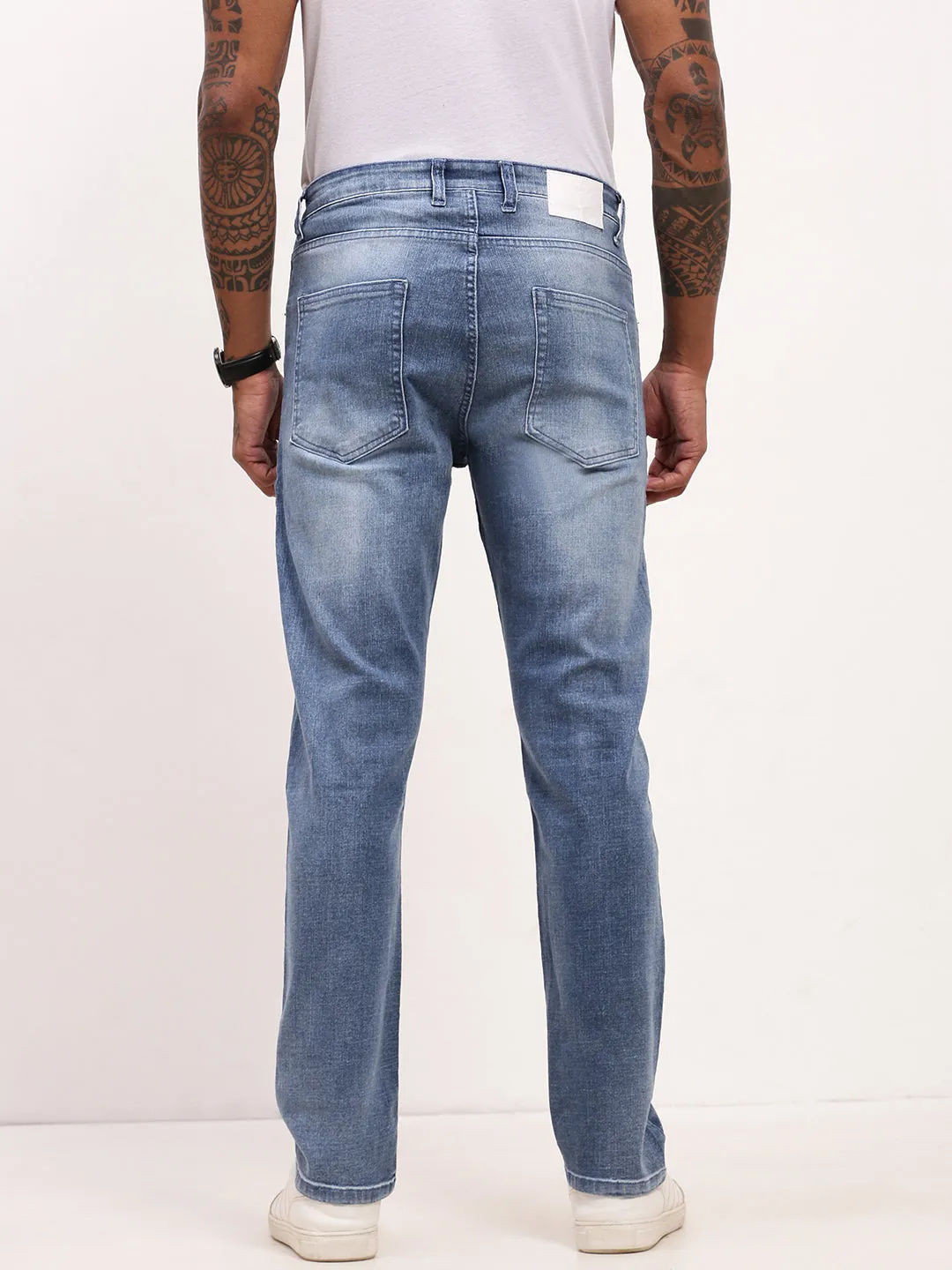 Minimalist Styling Rainy Day Vintage Lover Men's Blue Solid Straight Fit Low-rise Heavy Fade Jeans