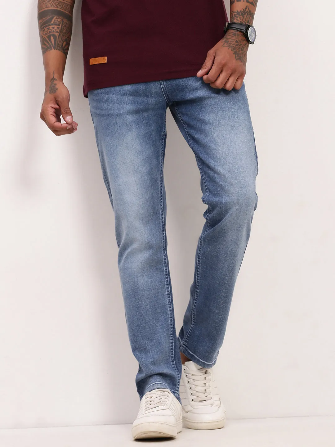 Outerwear Friendly Men's Blue Solid Straight Fit Low-rise Heavy Fade Jeans