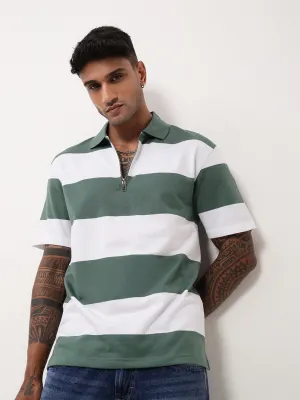 Men's Green Striped Polo Collar T-Shirt Warm Essentials