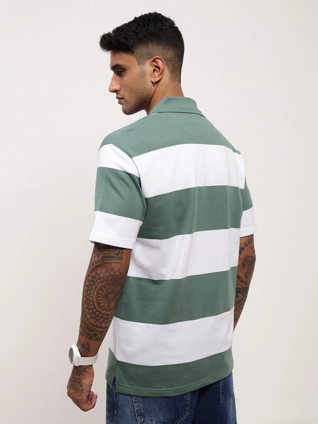 Men's Green Striped Polo Collar T-Shirt Layer Relaxed