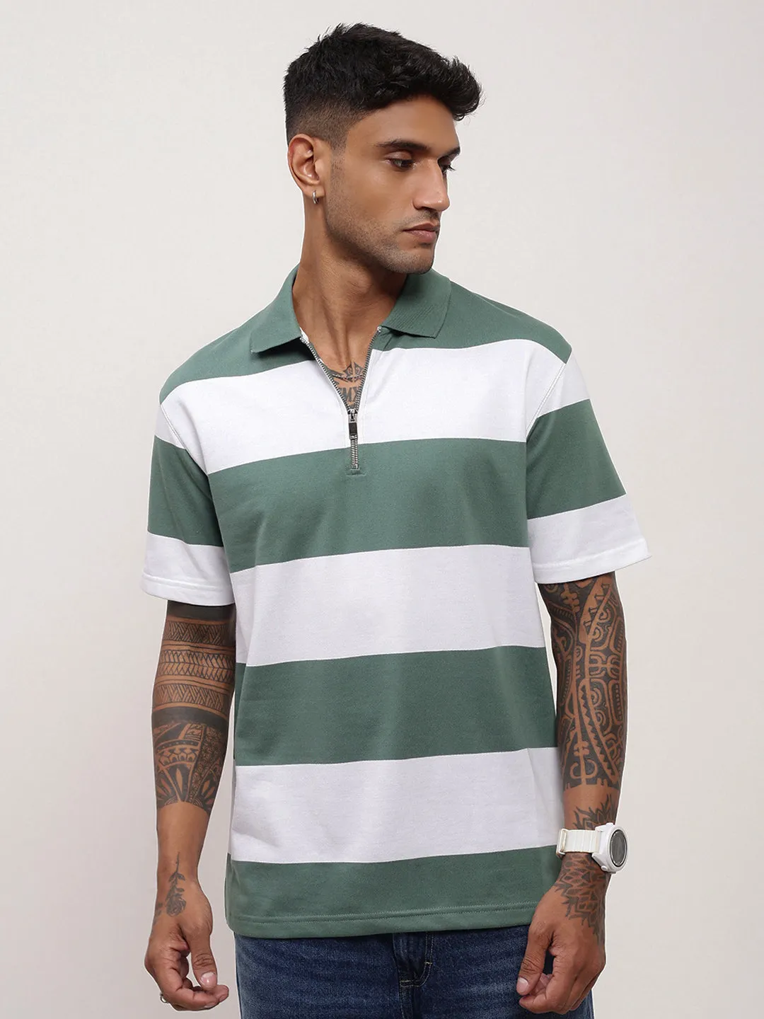product shoe support Street Essential Men's Green Striped Polo Collar T-Shirt
