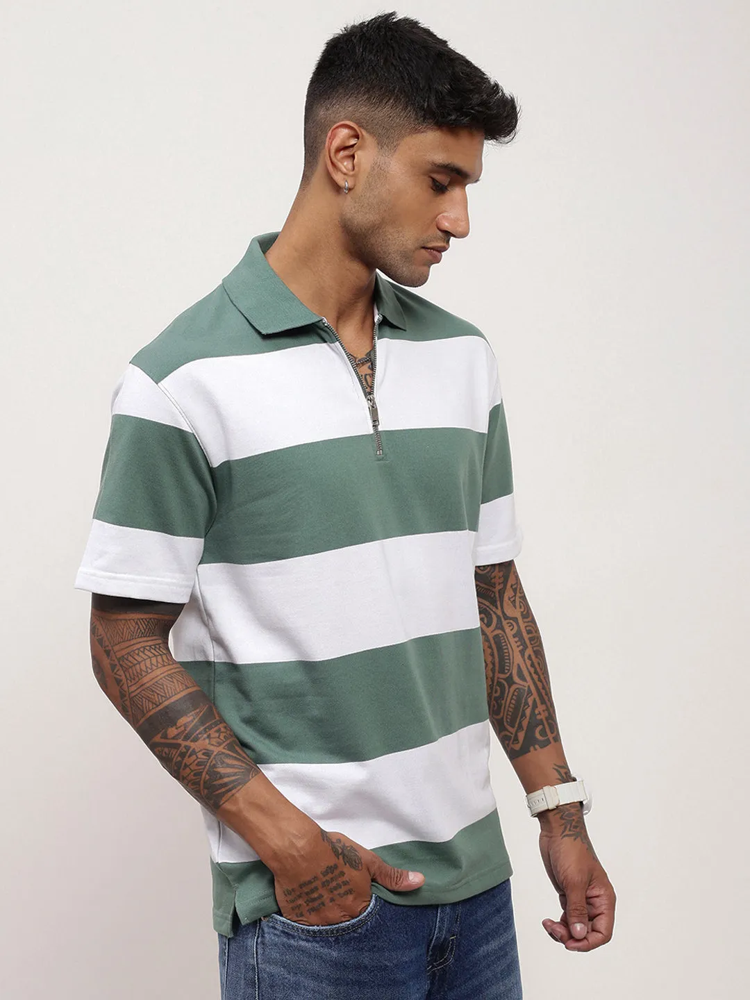 product high end luxury Men's Green Striped Polo Collar T-Shirt