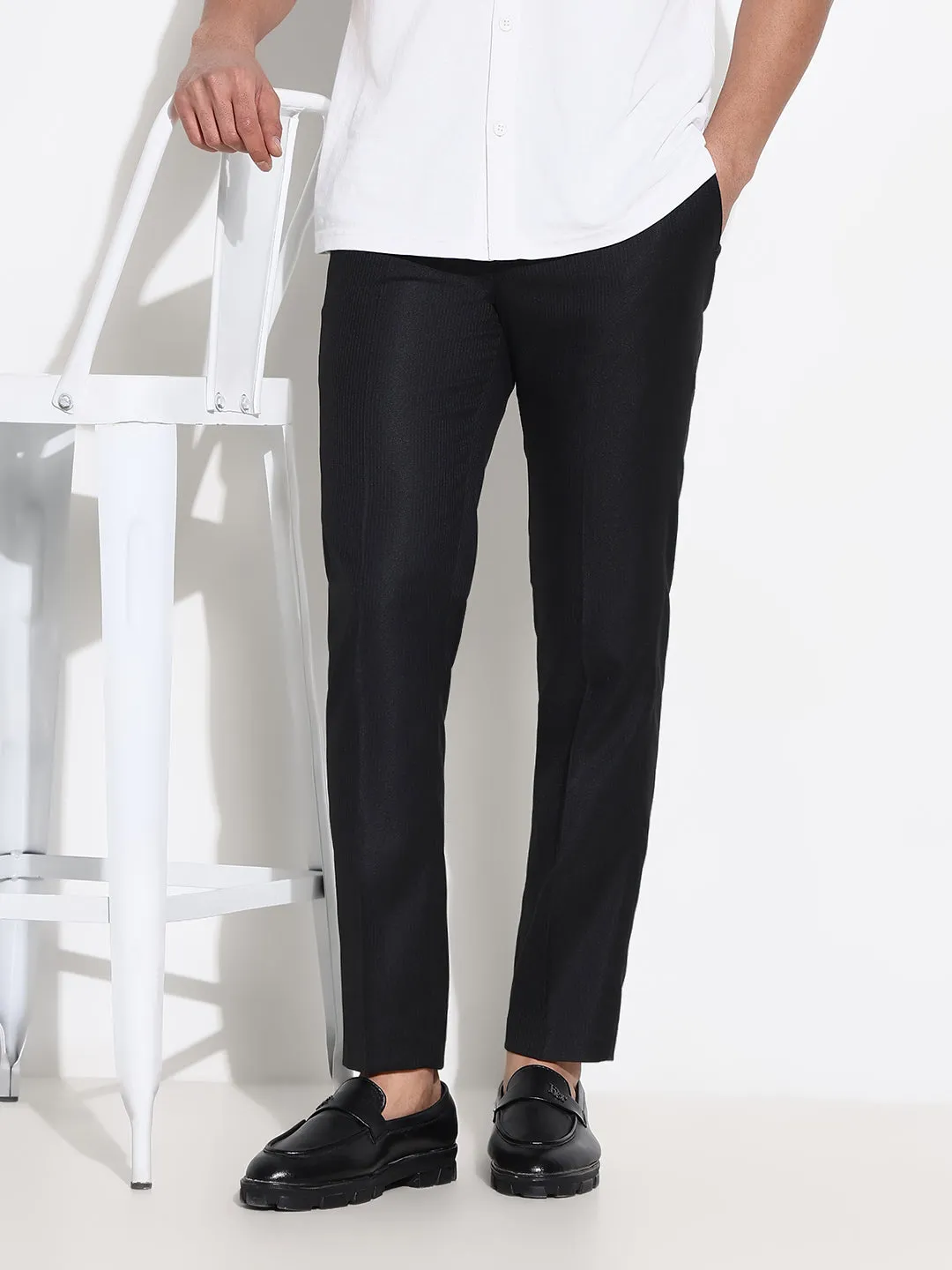 Men's Black Striped Formal Trousers Minimal Waist Eco Friendly Material