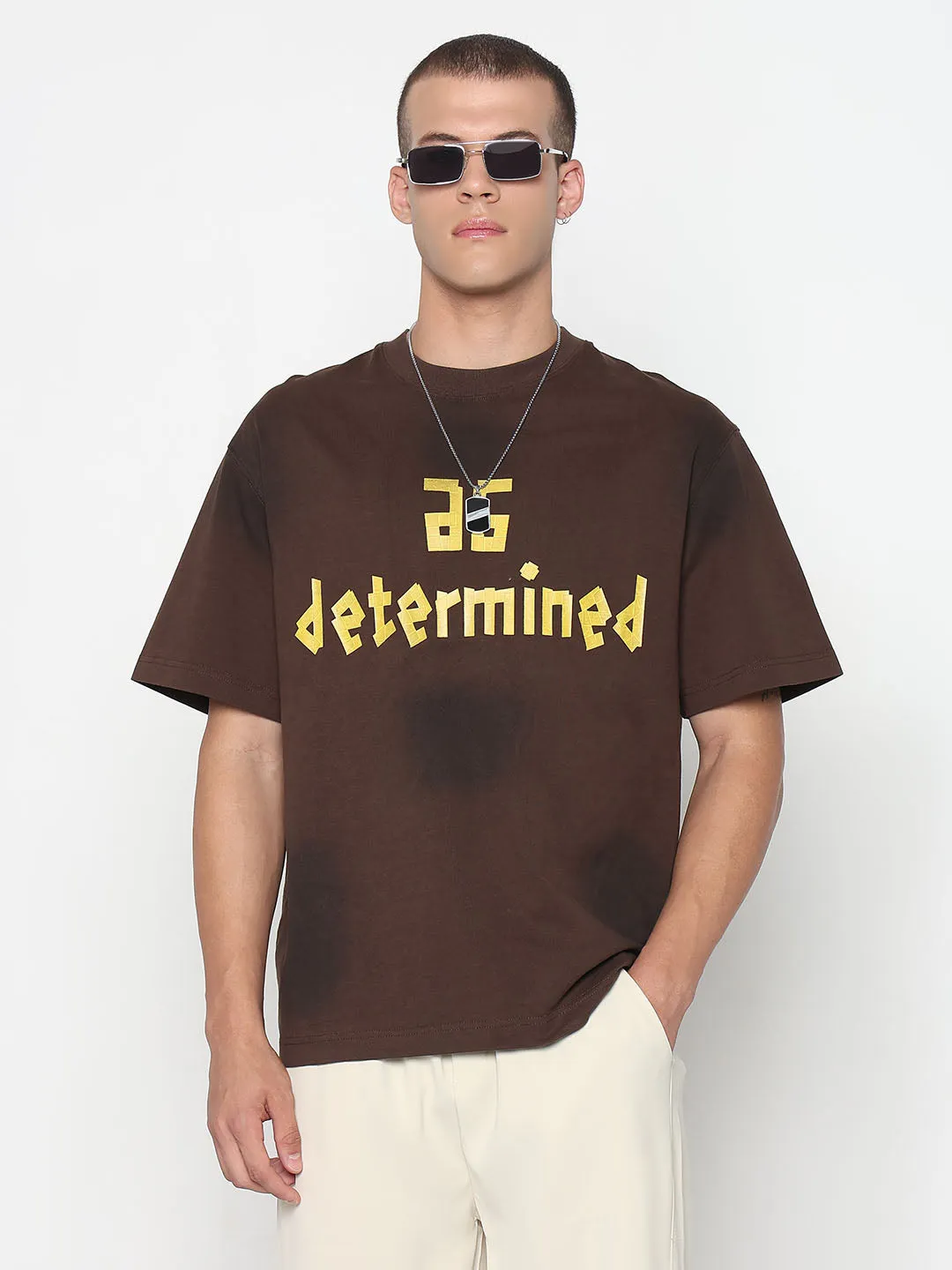 Men's Typography Printed Brown Regular Fit T-Shirt Work Wear Casual Shoes
