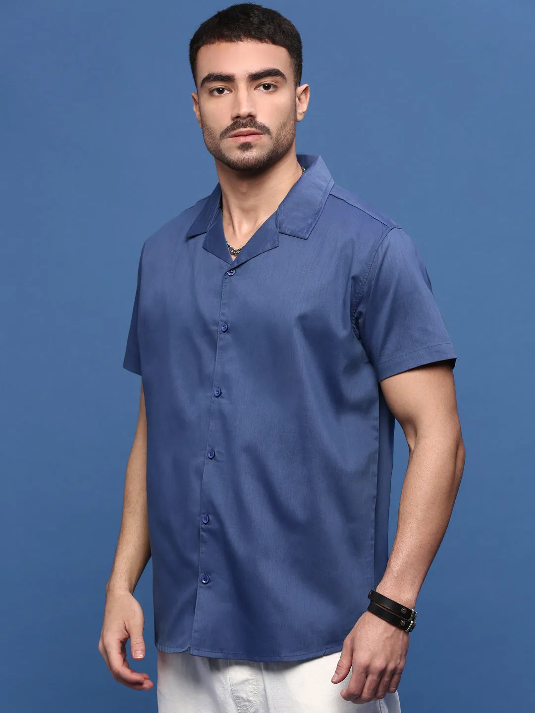 Men's Blue Solid Cuban Collar Shirt LightweightInsulation