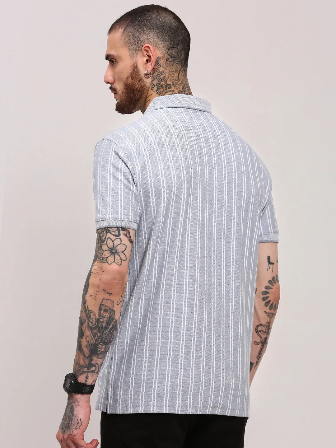 simple design Men's Grey Polo Collar Striped Cotton T-Shirt
