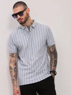 Statement Wear Screen Core Men's Grey Polo Collar Striped Cotton T-Shirt