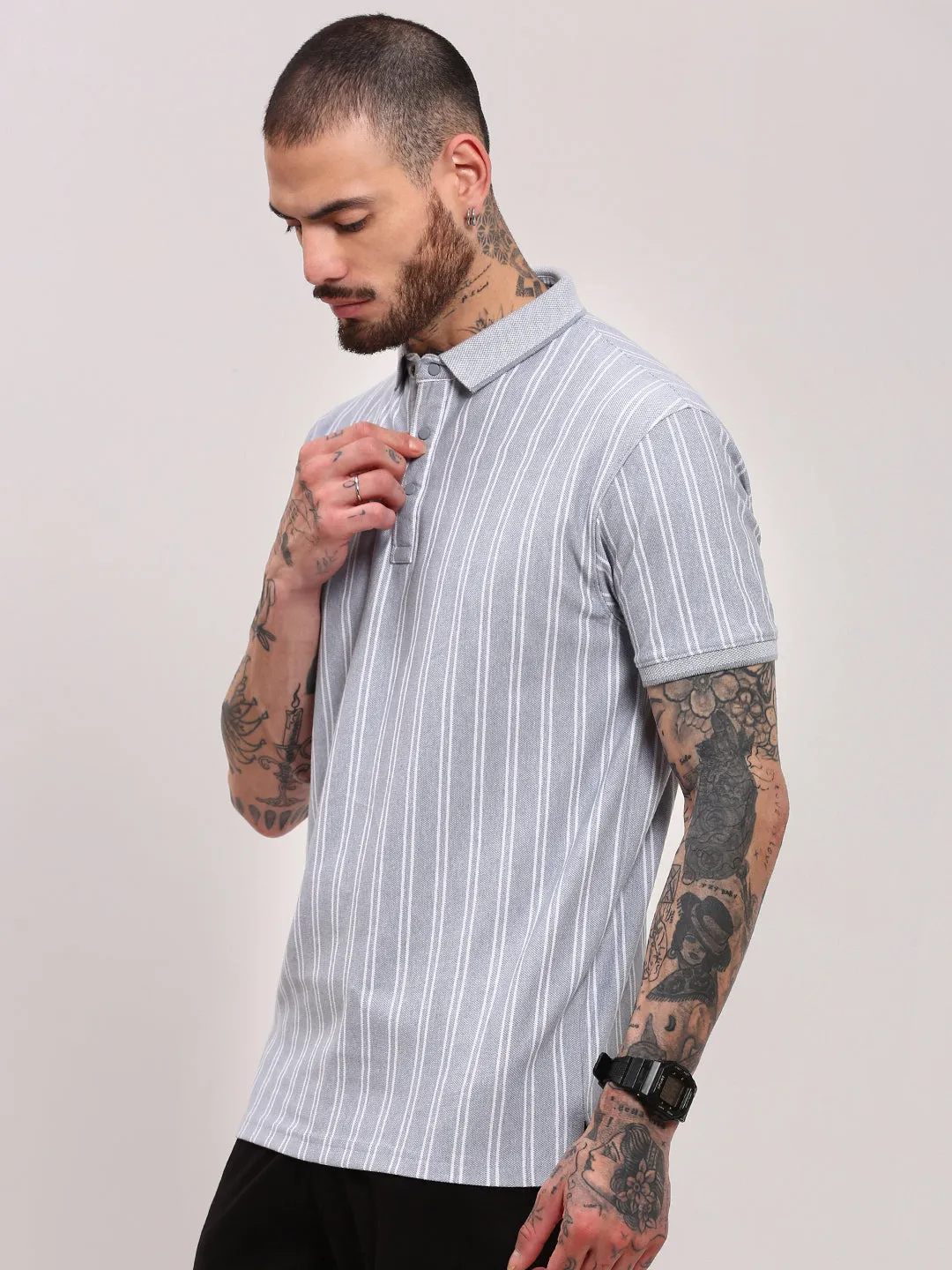 Men's Grey Polo Collar Striped Cotton T-Shirt Practical Style Travel Core