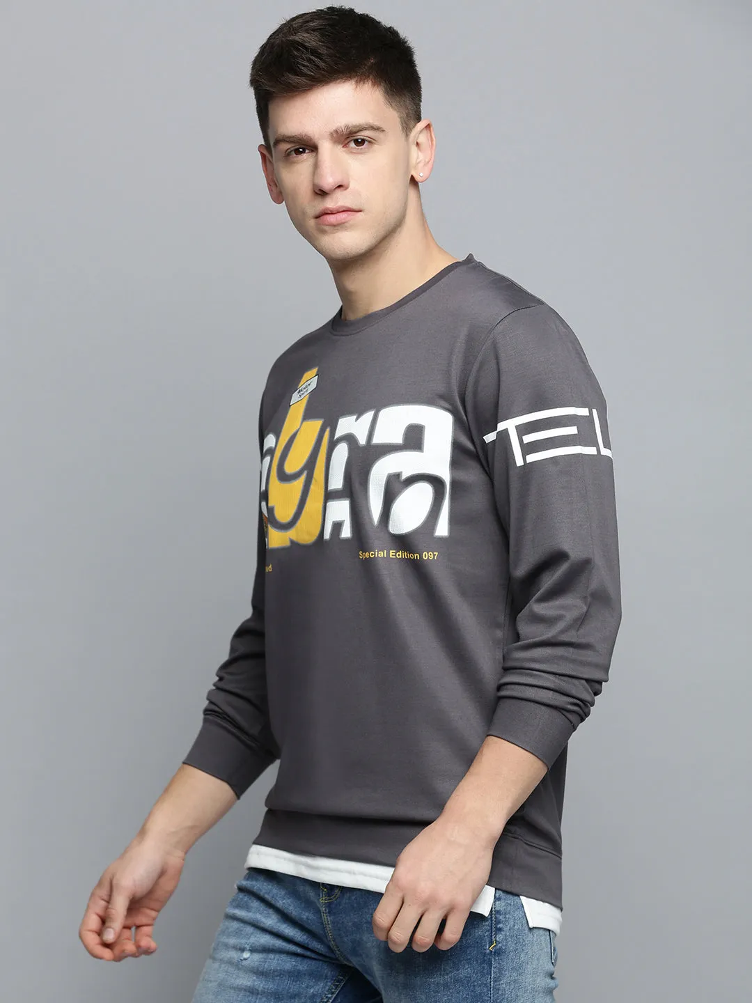 Elastic Smart Casual Men's Grey Printed Casual Sweatshirt