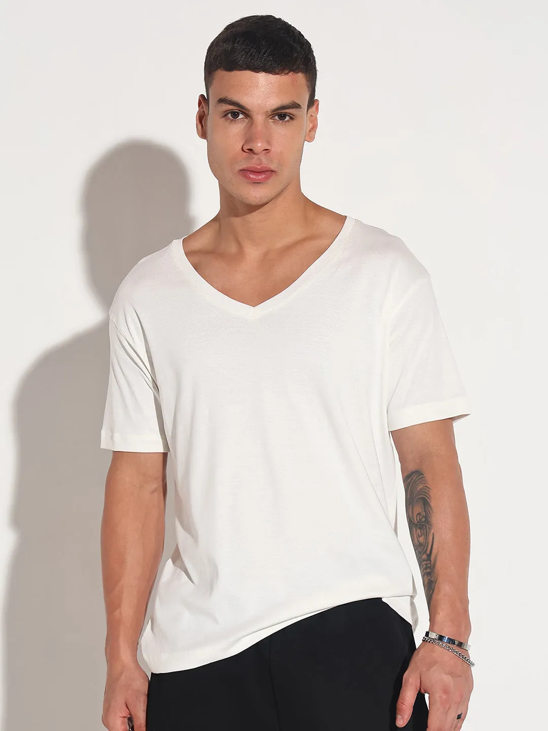 Men's White V-Neck Regular Fit T-Shirt Youth Glow