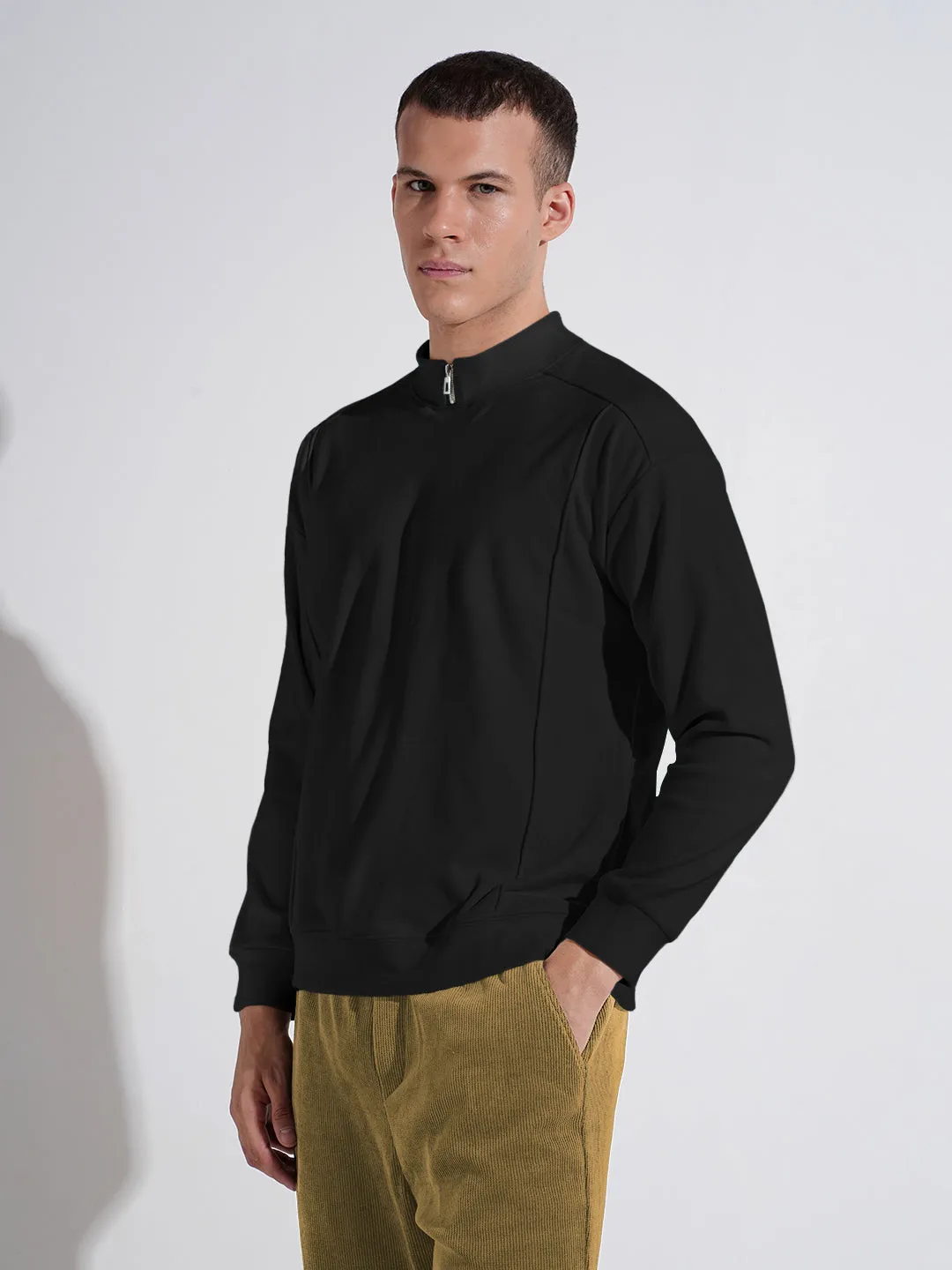 Men's Black Mock Collar Ribbed Sweatshirt Long Sleeve