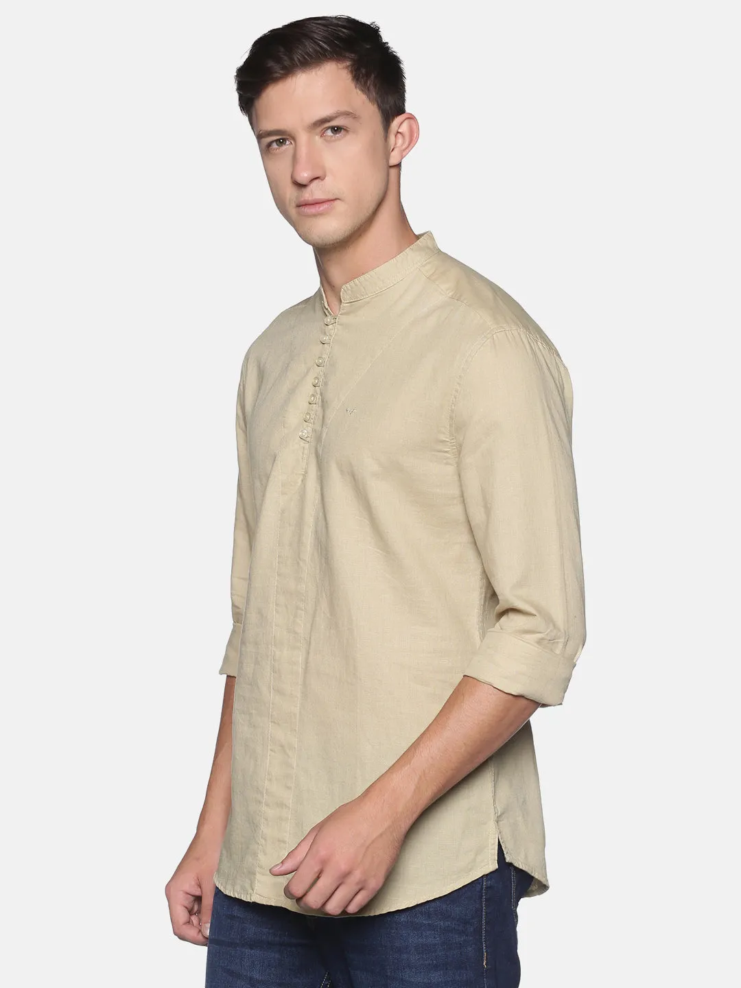 Casual Fashion Planet Care Men's Cream Mandarin Collar Slim Fit Shirt