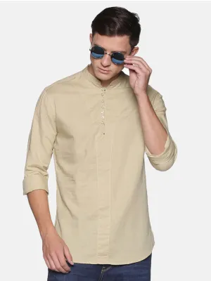 Men's Cream Mandarin Collar Slim Fit Shirt Winter Apparel