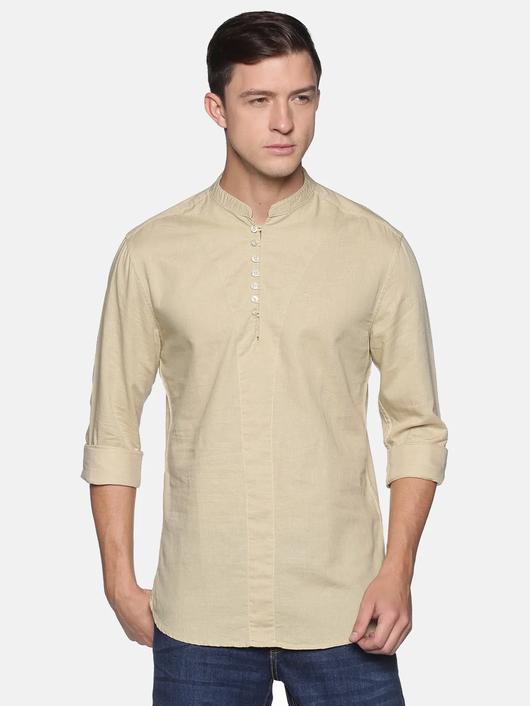 SustainableYarnBlend Men's Cream Mandarin Collar Slim Fit Shirt