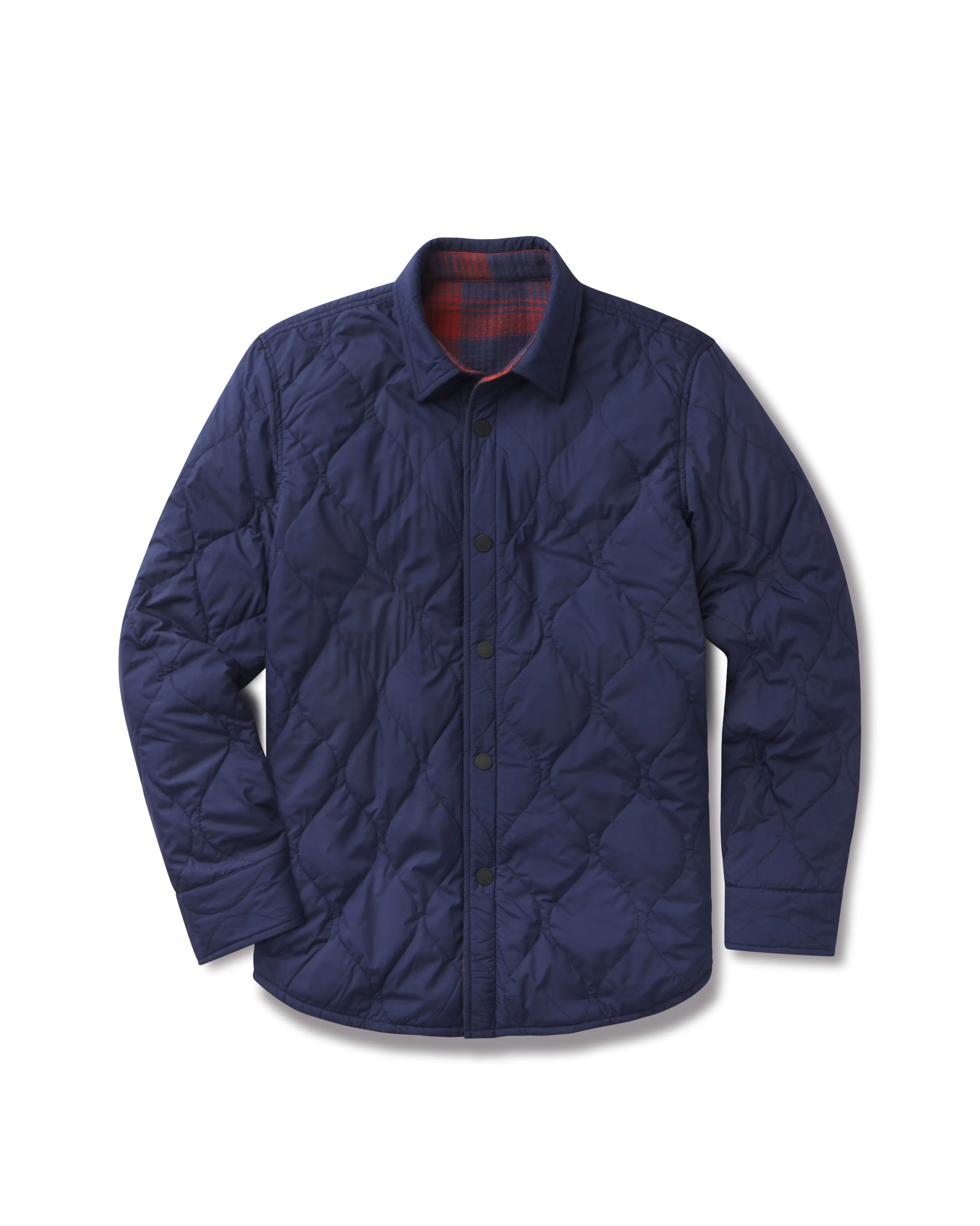 Many Pockets Quilted Flannel Reversible Shirt Jacket - Navy